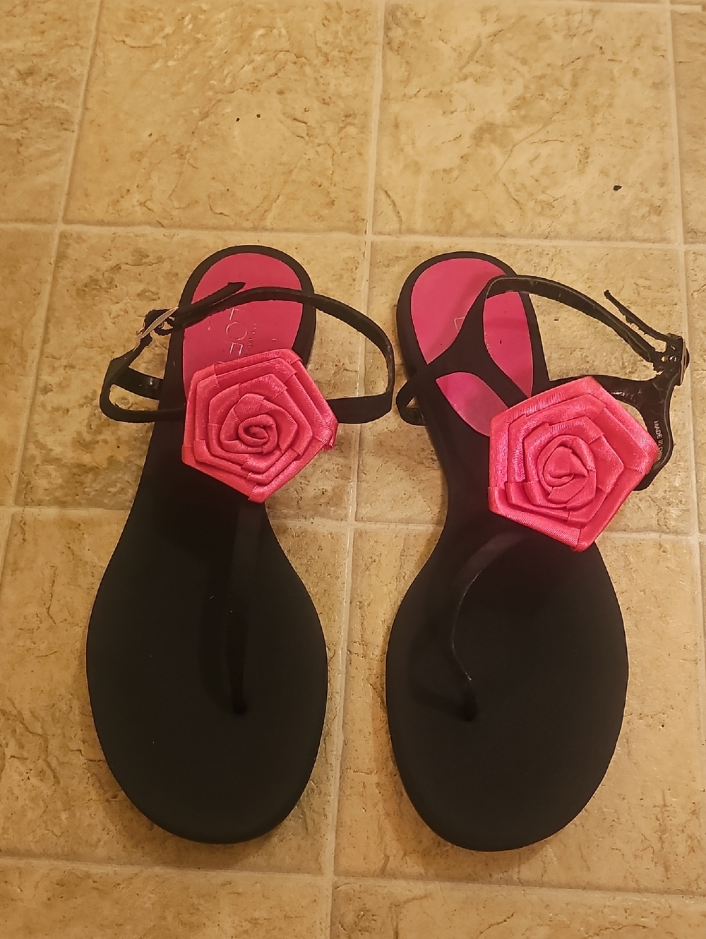 LOFT Black Sandals with Hot Pink Rose Appliqués